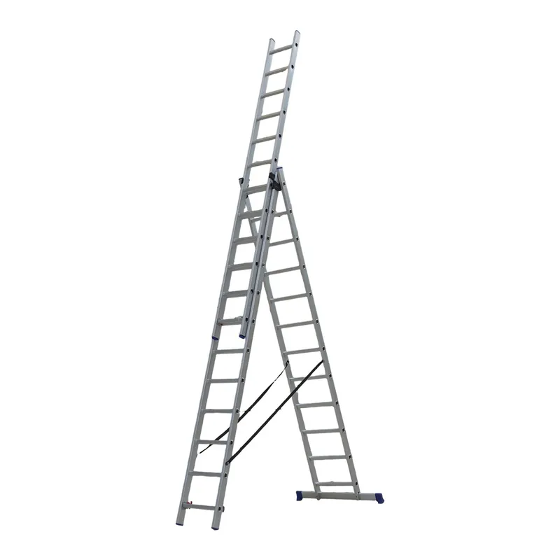 Three-section aluminium ladder with overlapping sections and a support brace
